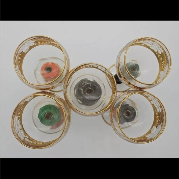 Set of 5 Vintage Goebel Hummel Figurine Cordial Wine Glasses 14k Gold Gilding - Picture 2 of 12